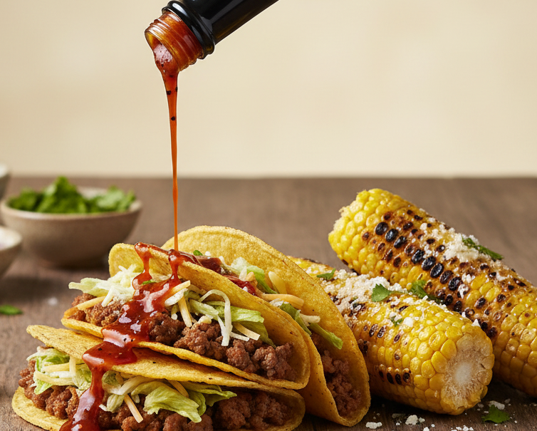 Nigel's Maple Lava pouring over tacos and grilled corn