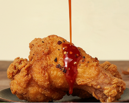 A bottle of Nigel's Maple Fira Hot Sauce stands on a wooden table with another bottle tilted to pour red sauce over fried chicken on a plate. Red chili peppers, sliced jalapeño, and a brown leaf are arranged around the bottle against a warm beige background.